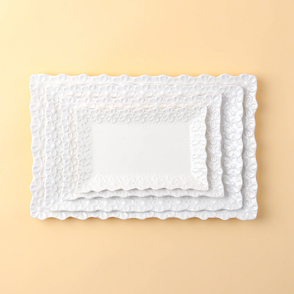 Creative catering dinnerware white embossed rectangular ceramic dinner plates for restaurant wedding