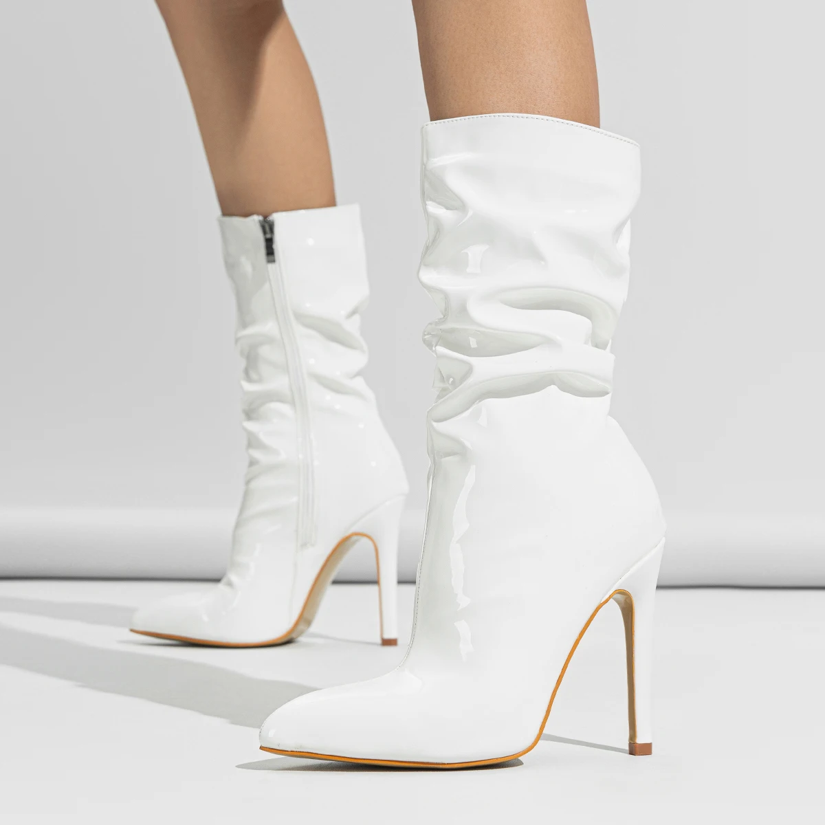 Hot sale ready stock pointed stiletto pile boots patent leather bare shoes short tube high heel Knight boots 42