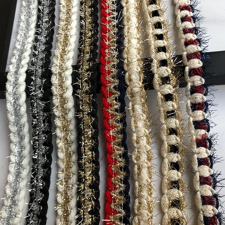 Hot Sale Polyester Tassel Metallic Ribbon Narrow Woven Tape Ribbon for Clothes