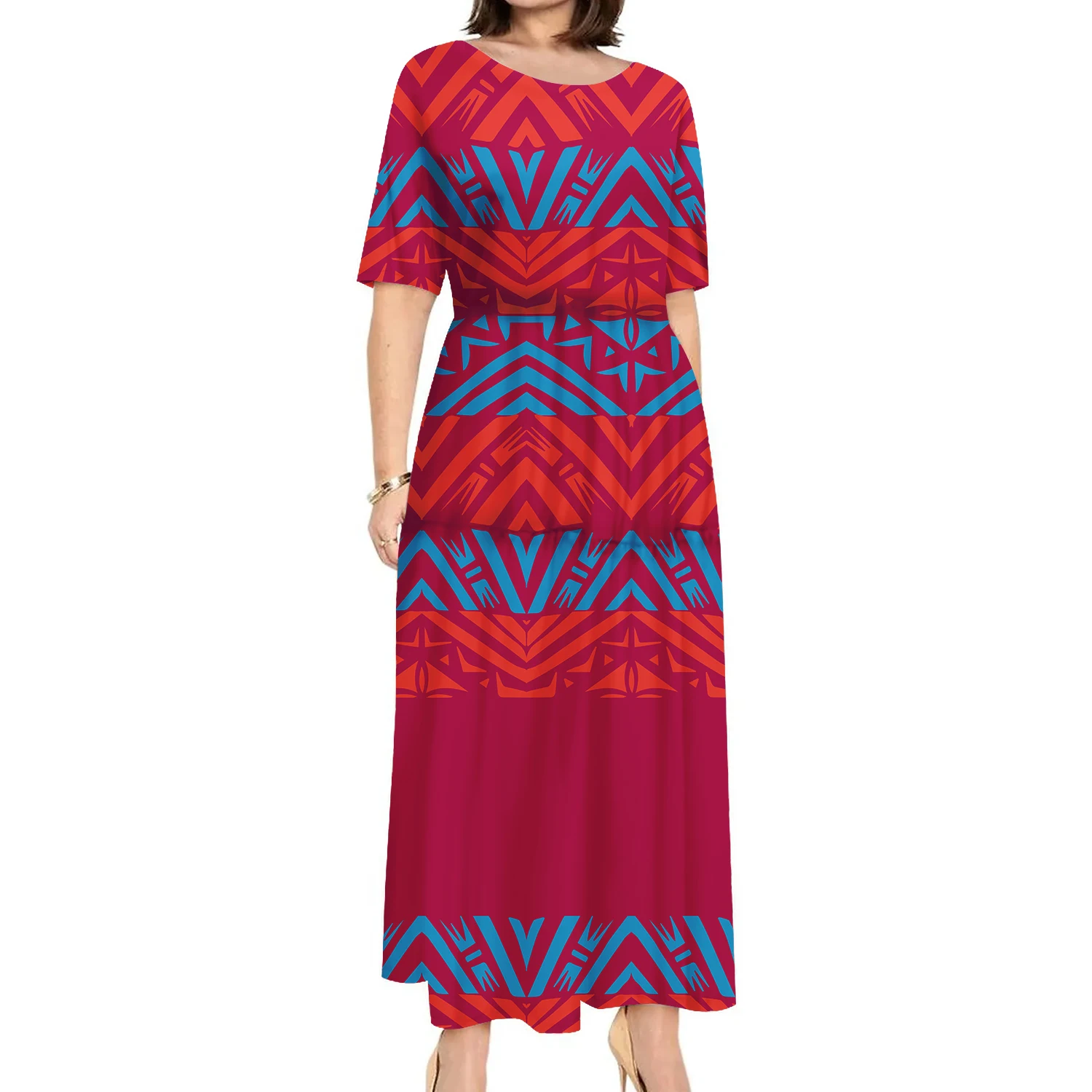 Best Price Wholesale Customize Crew Neck Long Tiered Casual Dress Polynesian Tribal Printed Maxi Samoan Dress Women Cake Skirts