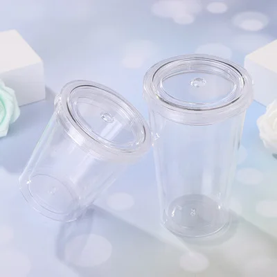 Reusable 12oz 16oz 24oz Plastic water bottle double walled acrylic skinny tumbler with straw and lid clear tumbler