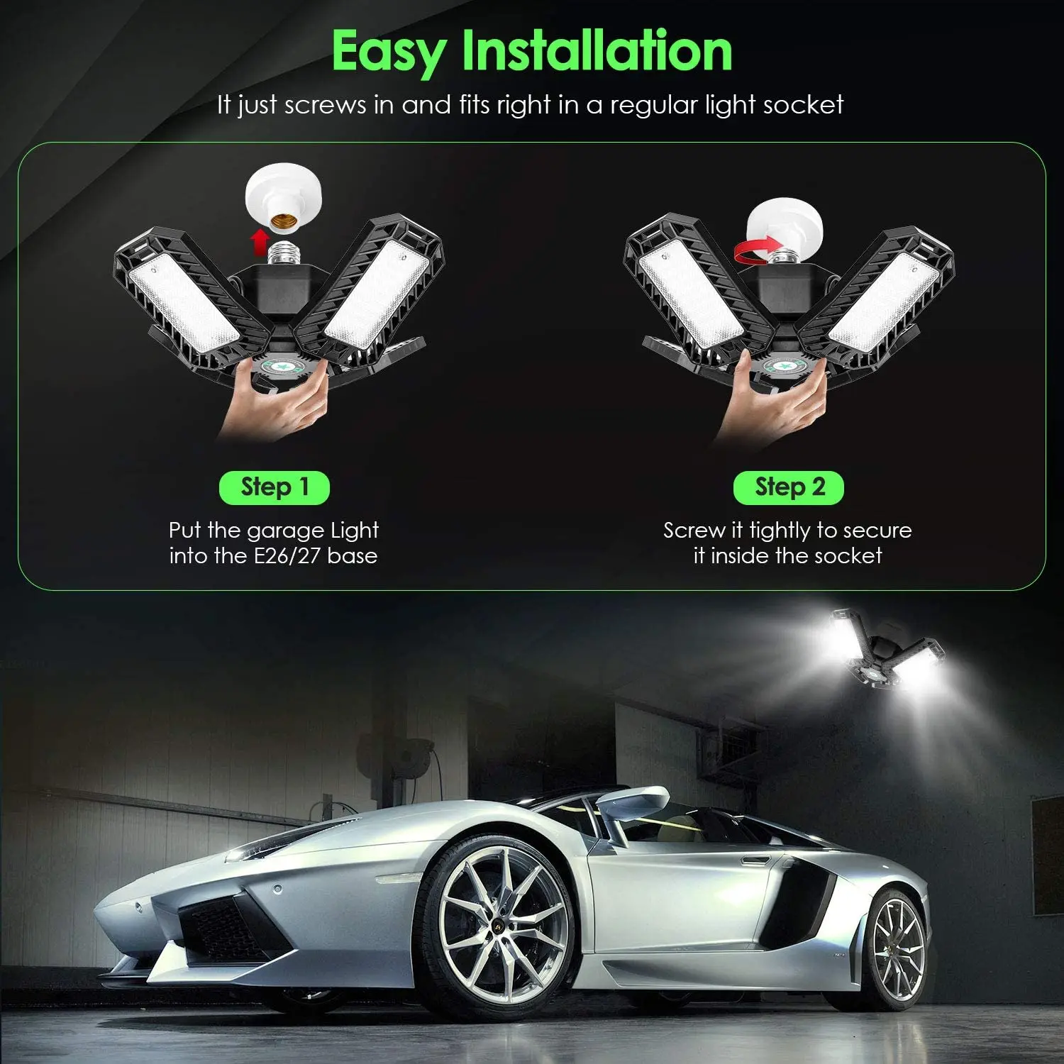 Low consumption 120W plastic deformable garage lamp with 4 adjustable panel