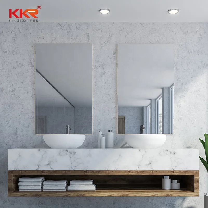Hotel House Full Set Vanity Bathroom Led Mirror Cabinet Steel Stand Marble Look Vanity Top Basin