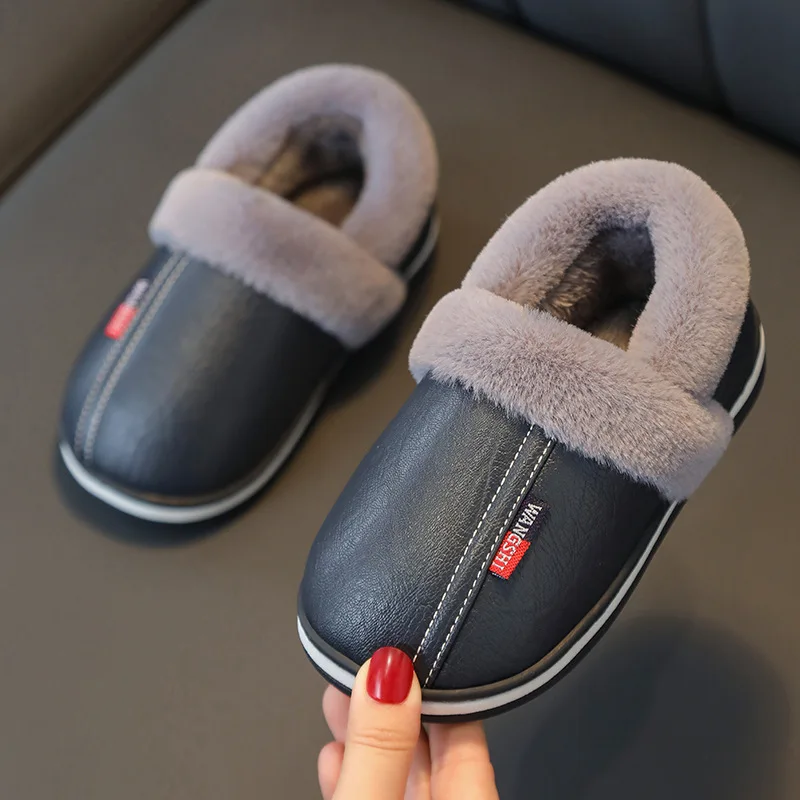 Зимняя Детская сумка, тапочки на каблуке из хлопка, Детская Водонепроницаемая теплая Нескользящая домашняя Уличная обувь из искусственной кожи с героями мультфильмов для мальчиков и девочек