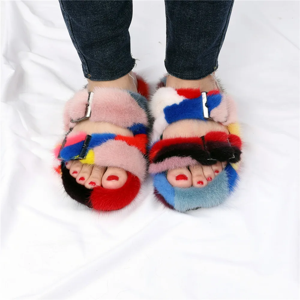 В европейском стиле из натурального меха норки; Женские меховые шлепанцы без задника с открытыми пальцами на плоской подошве; Женские сандалии на высоком каблуке для женщин с камуфляжным принтом красочные