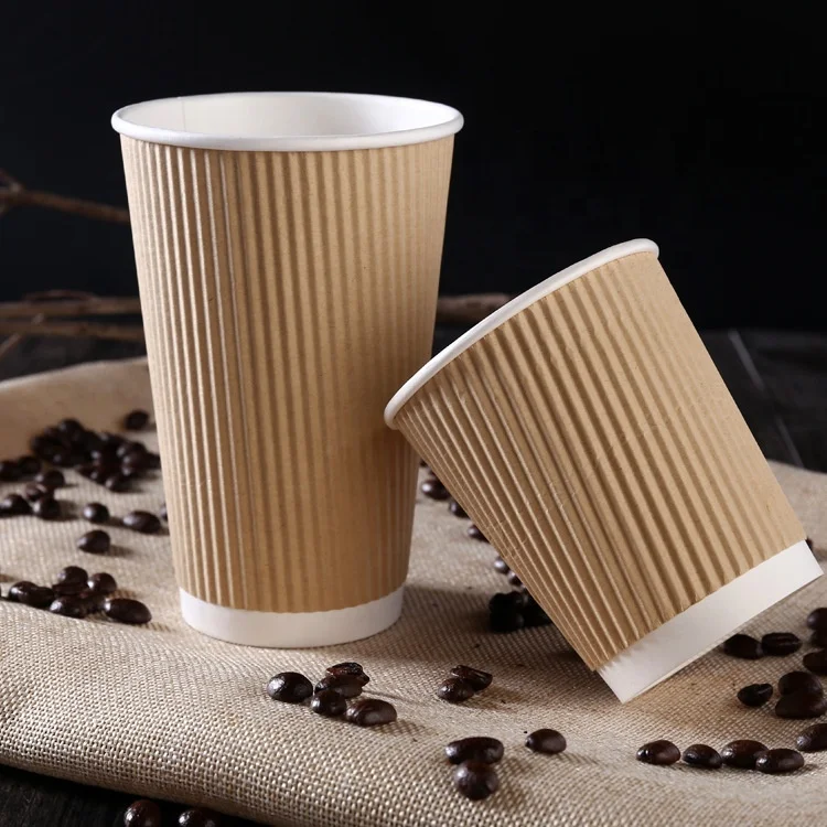 8oz 12oz 16oz Double Ripple Craft Paper Cups with Lid Sleeve Disposable Paper Coffee Cups for Industrial Use Stamped Embossed