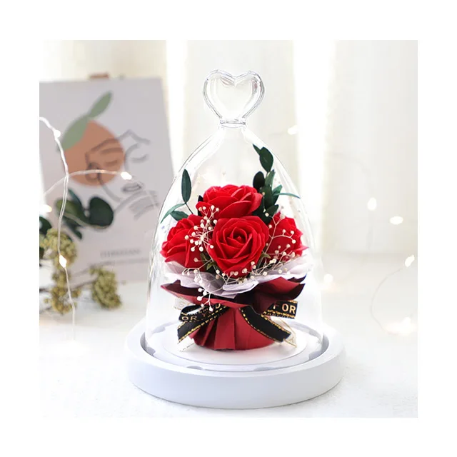 Ammy wedding favors hot selling soap flower rose flower bouquet Glass dome new product ideas  birthday gift