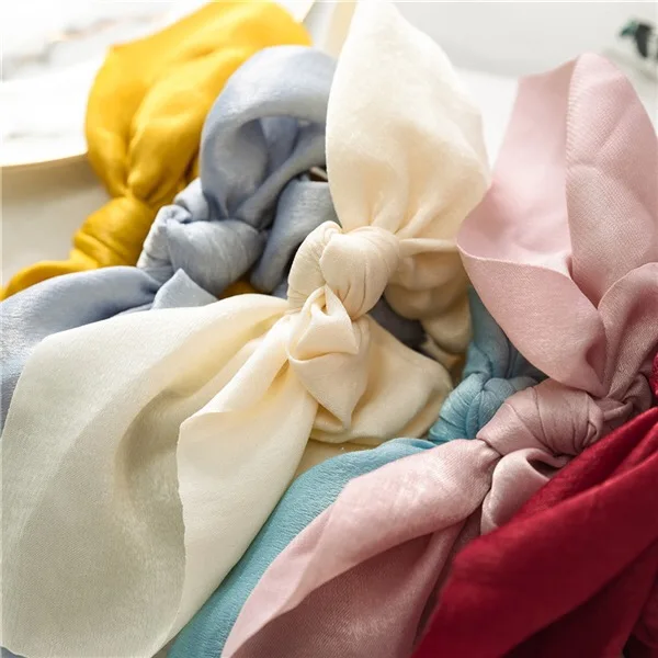 Cute Rabbit Ear Hair Ties silk Bow Scrunchies Solid Color for girls