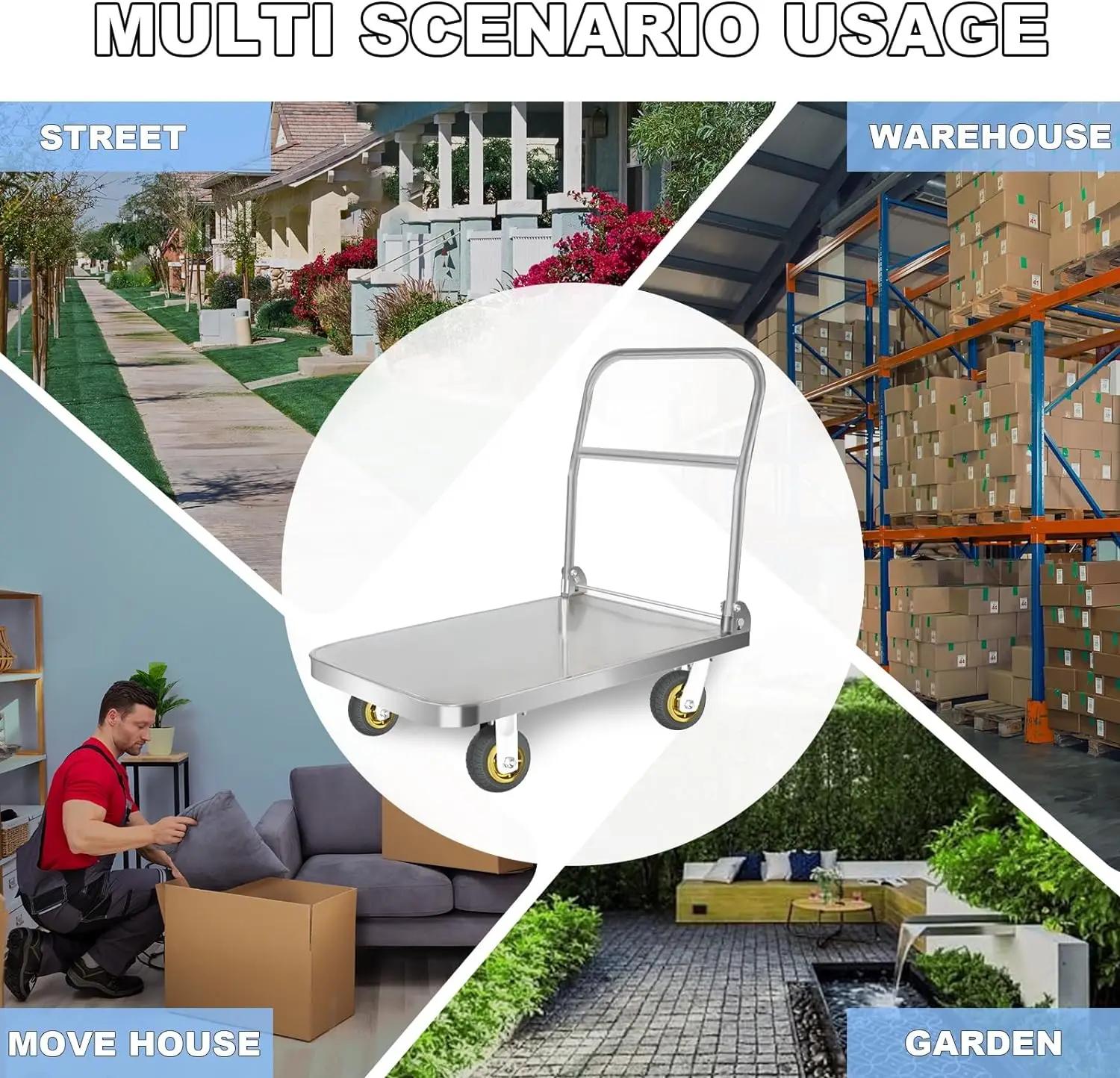 Stainless steel Trolley Heavy Duty Platform Truck Moving Flatbed Cart Multi-size Dolly Cart Utility Cart with Wheels