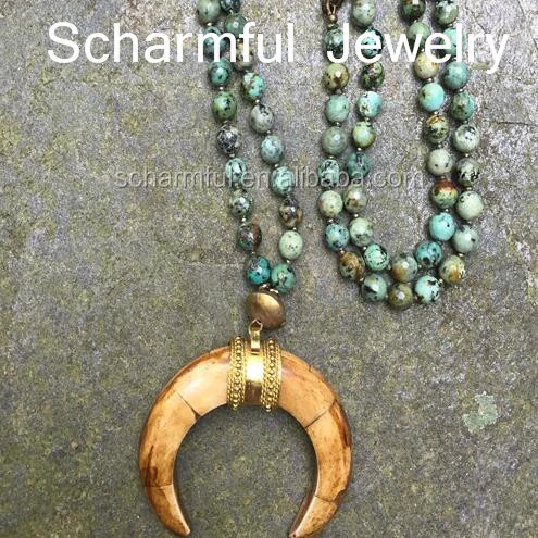 N00242-3 Long knot African Turquoise Beads Horn Pendant Necklace
