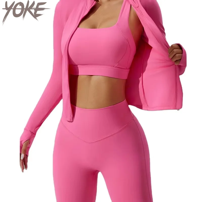 Yoke  Hot 3 Piece Set Workout Active wear Yoga Set Sports Suit Women Lounge Long Sleeve Tops With Zipper Sexy  Women Leggings