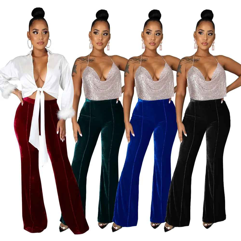 Fall Winter Hot Girl Bell Bottom Solid Color Women Pants Velvet Wide Leg Pants High Waist Ladies Flared Pants