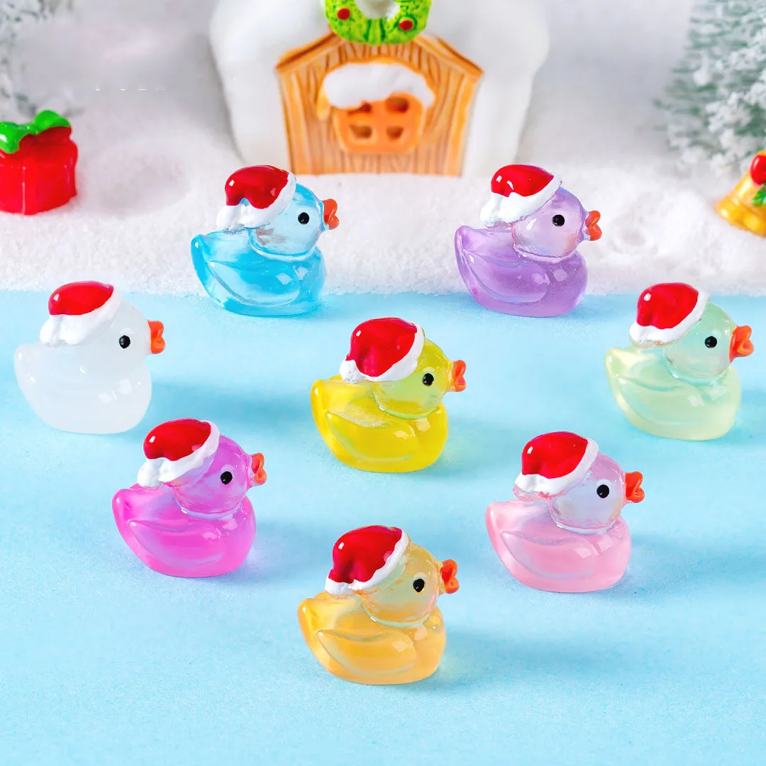 Hot New Products Christmas Miniature Glowing Duck Toys Mini Resin Ducks Wearing Christmas Hats Yard Garden Decor Water