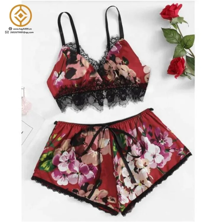Fast Shipping women satin short pajama silk  lingerie set