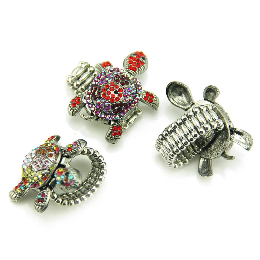 Wholesale Retro Adjustable Zinc Alloy Colorful  Animal Tortoise Crystal Rhinestone Elastic Ring