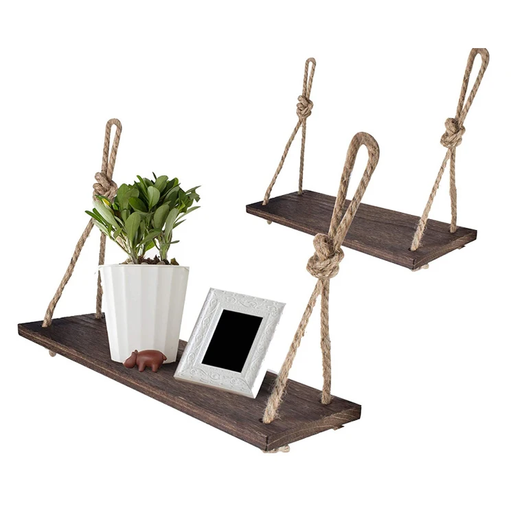 Modern natural wooden creative design 4 Hooks Pack of 2 hanging floating shelves