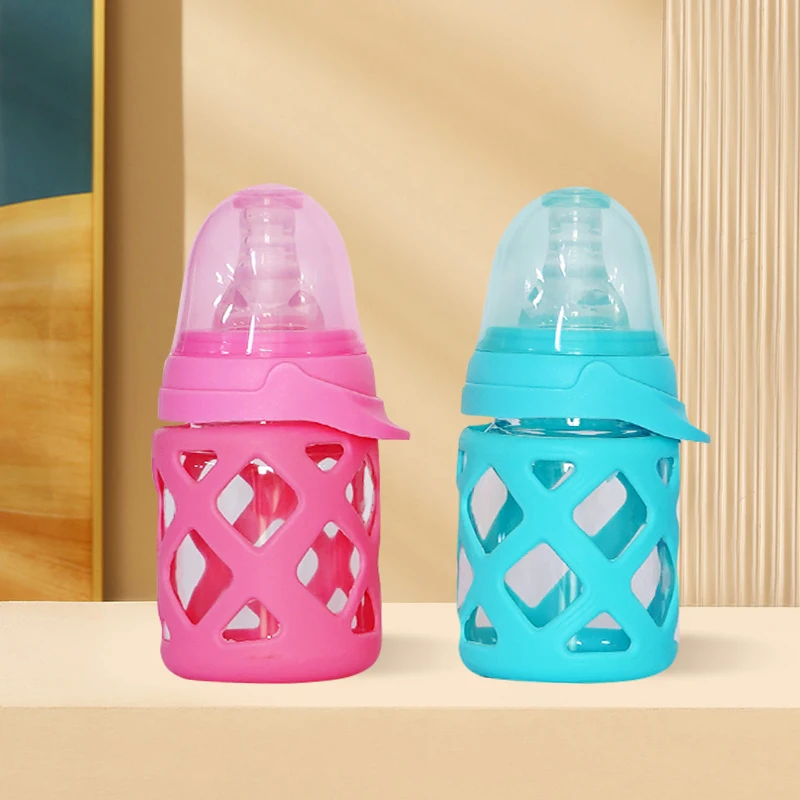 Wholesale Custom Silicone Anti Slip Glass Feeding Bottle 120ML Baby Bottle with Silicon Rubber Case