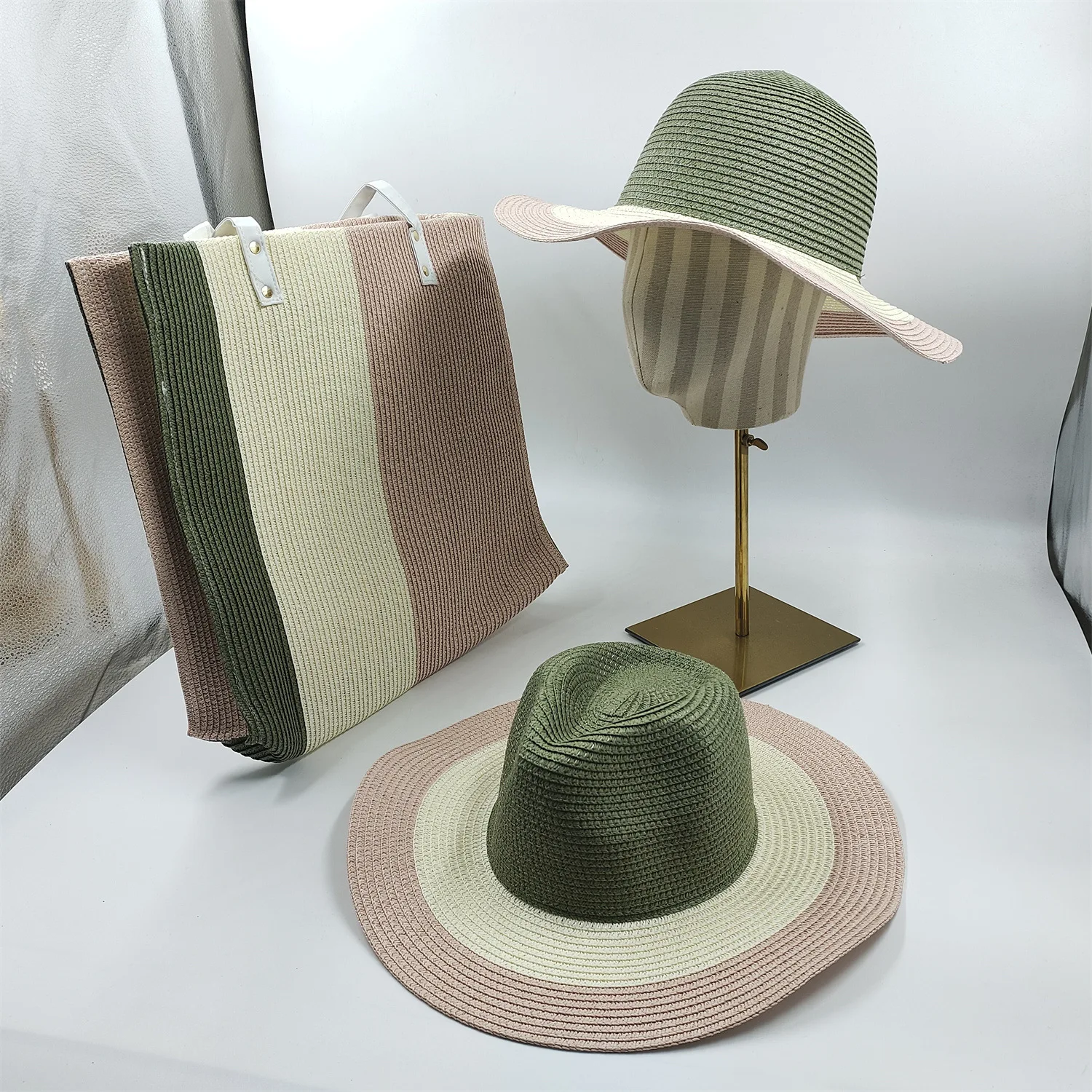 Summer Foldable Large Brim Striped Straw Hat And Woven Bag Set Men Women Outdoor Breathable Beach Sun Shade Jazz Hats