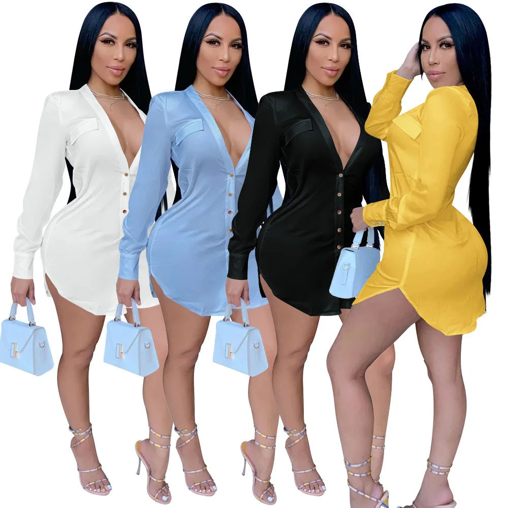Fall 2024 women clothes casual solid color shirt V-neck single-breasted long-sleeved women clothing dress