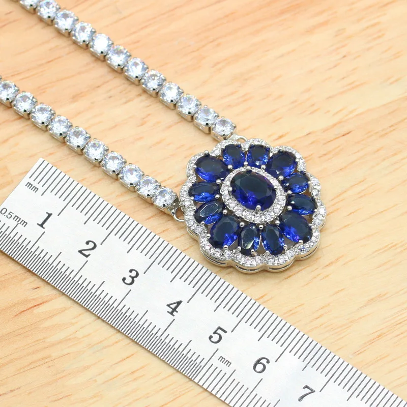 925 Silver Stamp Sapphire Blue Necklace Earring Set for Women Luxury Wedding Party Bridal Jewelry