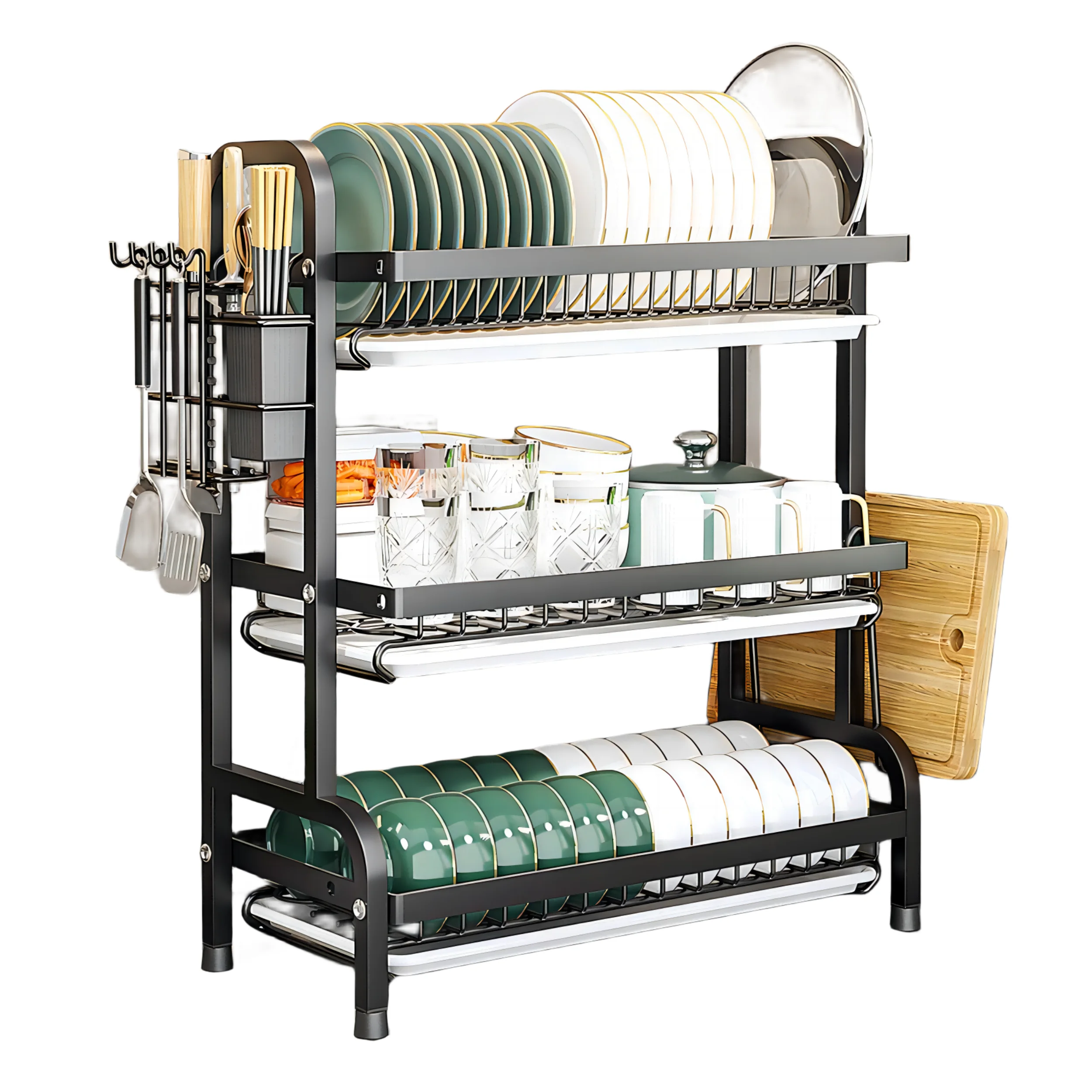 Household Items Kitchen Tools Storage Rack for Dishes Plates Bowls Cups with Hooks Multifunction Rust-proof Draining Shelf