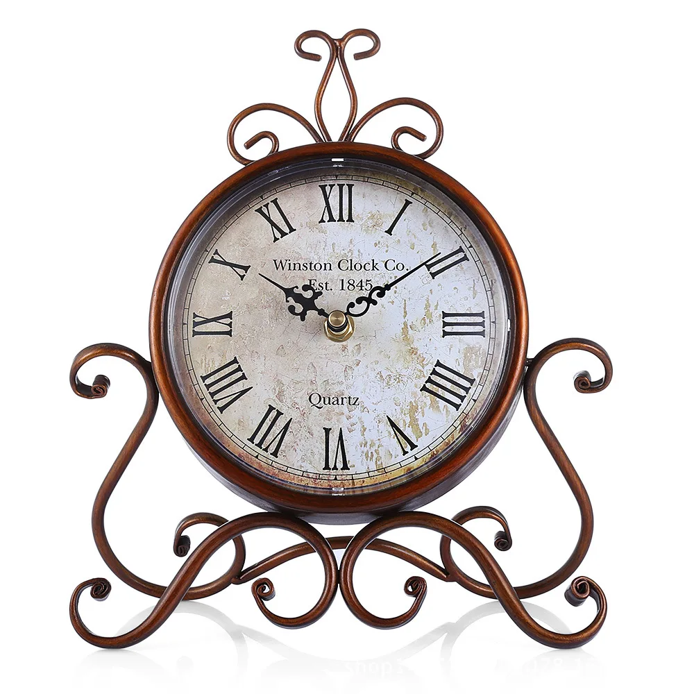 European Vintage Wrought Iron Desktop Clock Decorative Creative Metal Table Watch Clock