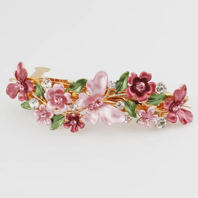 Hot Sale Metal Alloy Enamel Hair Accessories Rhinestone Flower Hair Clip French Barrette For Girl Pony Tail