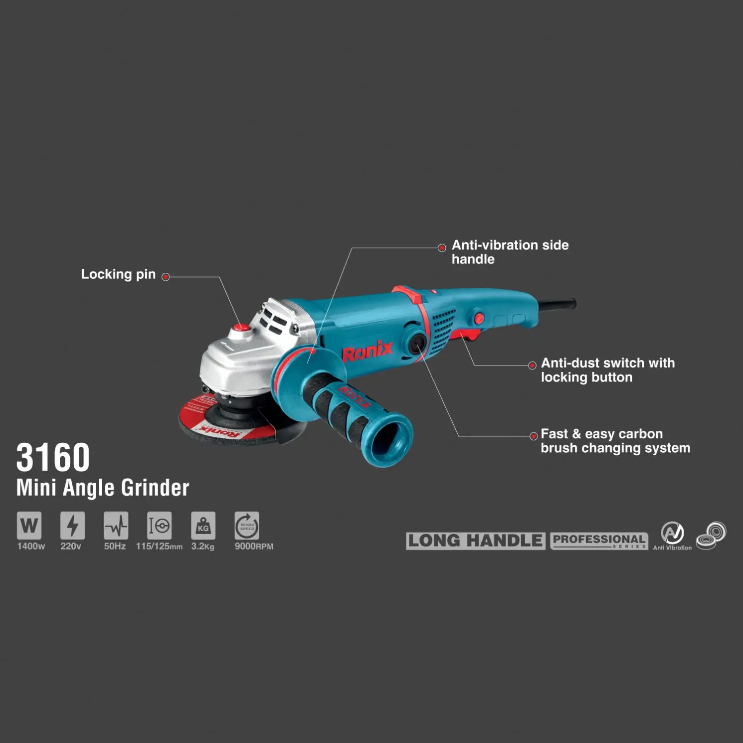 3160 модель Ronix 100 мм/115 мм/125 мм/180 мм/230 мм 4 дюйма 4-1/2 5 дюймов 1400 Вт Электрические угловые шлифовальные машины из Китая