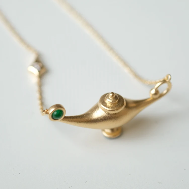 Fairy Tale Aladdin Magic Lamp Gold Necklace With Natural Emerald 14K Yellow Gold Bead Blast Finish