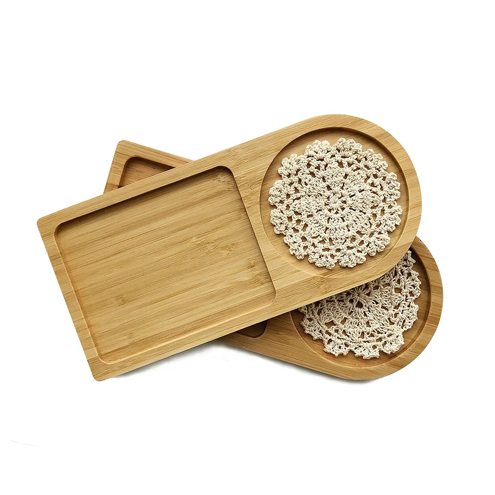 Small Tray Irregular Bamboo Trays Set of 2 Coffee Tea Dessert Serving Tray