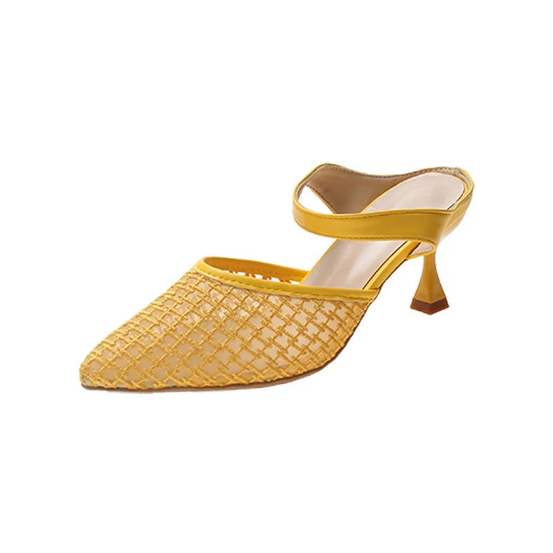 2022 new design summer Korean women mesh breathable thin-heeled slip-on cool fashion high-heeled slippers