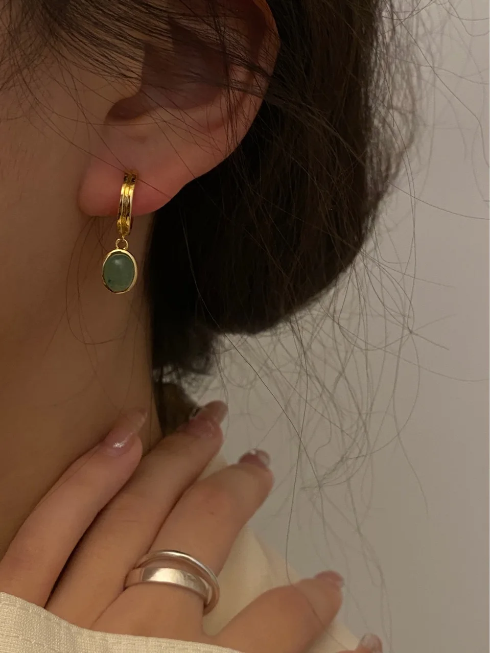 Hot Sale Green Color Agate Oval Pendant C Shape Earrings Set For Women