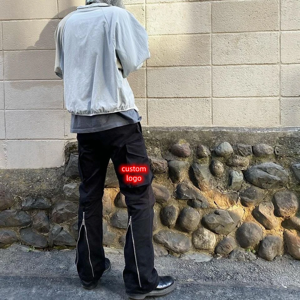 Custom Label Trousers For Men Drop Ship Men Streetwear Zipper jogger  chino Big Cargo Pocket Flare Trousers Pants
