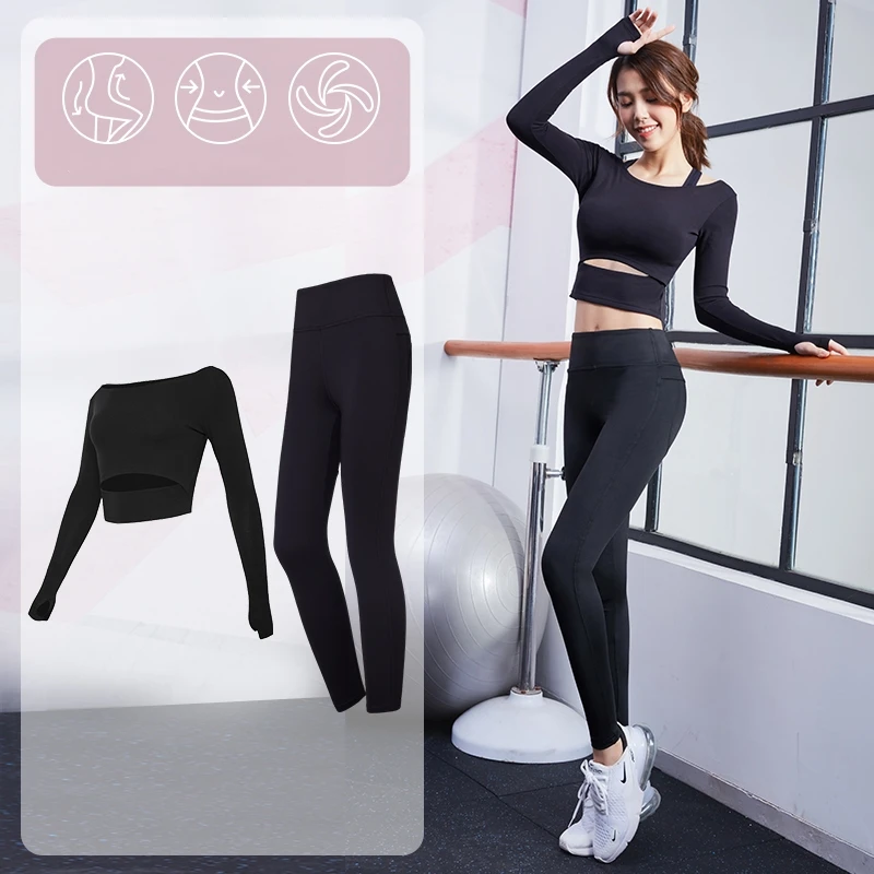 Crop Top and High Waisted Workout Leggings Set Fitness Yoga Suit Womens Long Sleeve Sportswear Fitness & Yoga Wear 1 Set