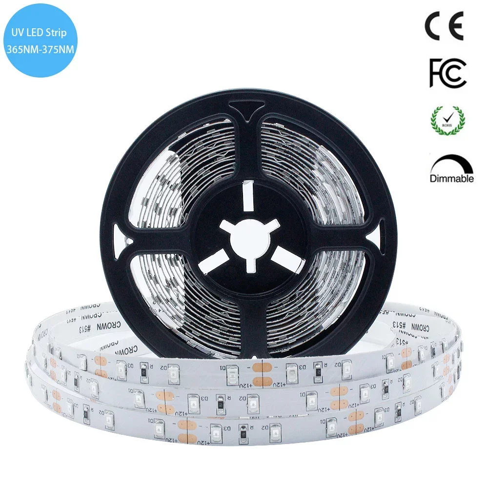 
16.4feet (5meter) 12V DC 60Watt SMD2835-300 60LED/M 395nm 400nm UV Black Light LED Strip Light Cuttable Non-waterproof 