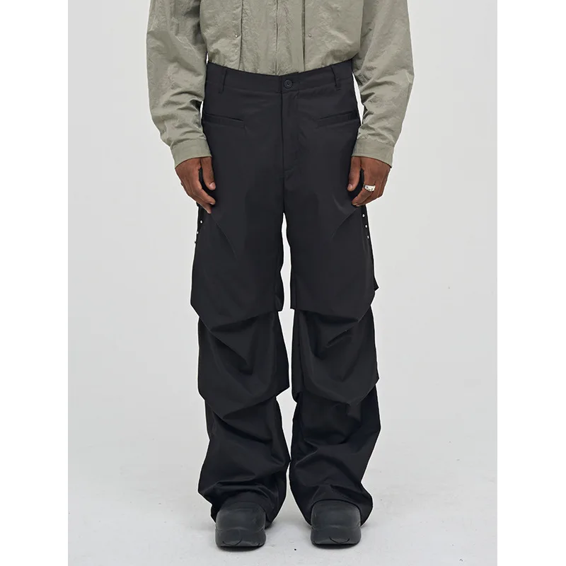 Hip Hop Mens Stylish Pleated Casual Pants Harajuku Retro Streetwear Loose Ruched Trousers Straight Solid Color Black Pant 9506