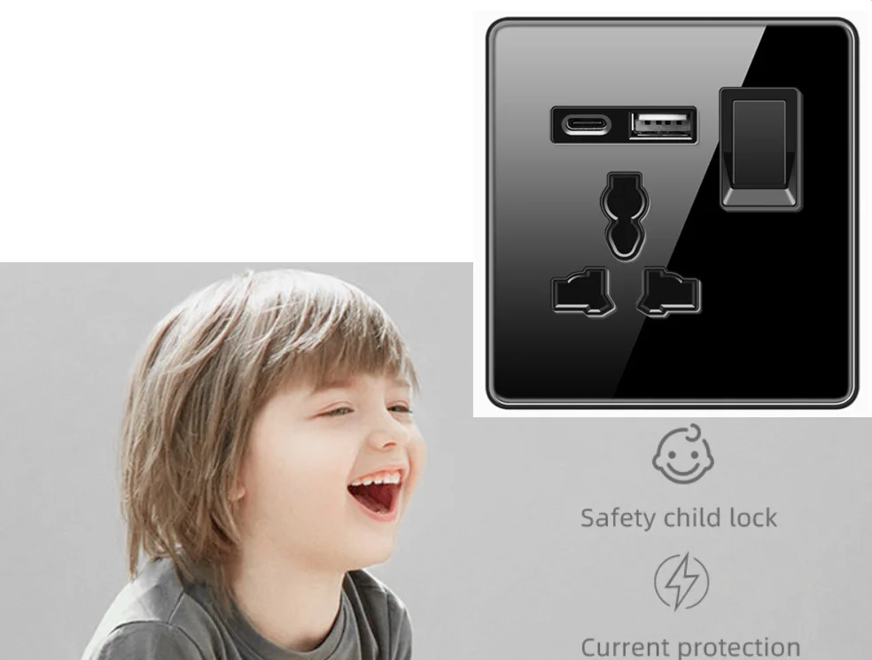 Kaisi 3pin universal with 1gang switch and usb A 5V 2.1A 13A  type-c glass panel wall socket switch