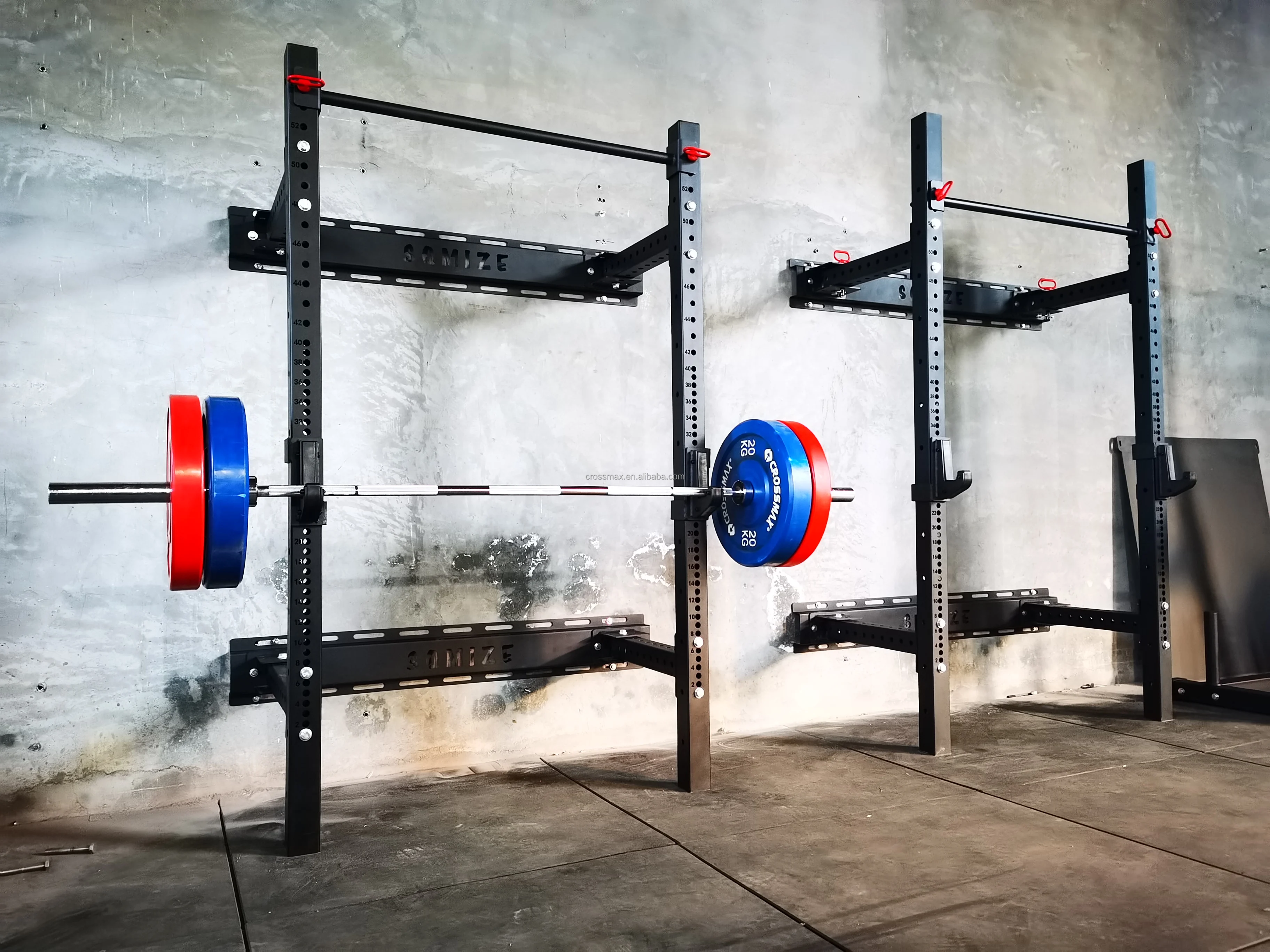 Gym equipment Wall Mount Fold Back Squat power Rack with J-hooks and spotter arms