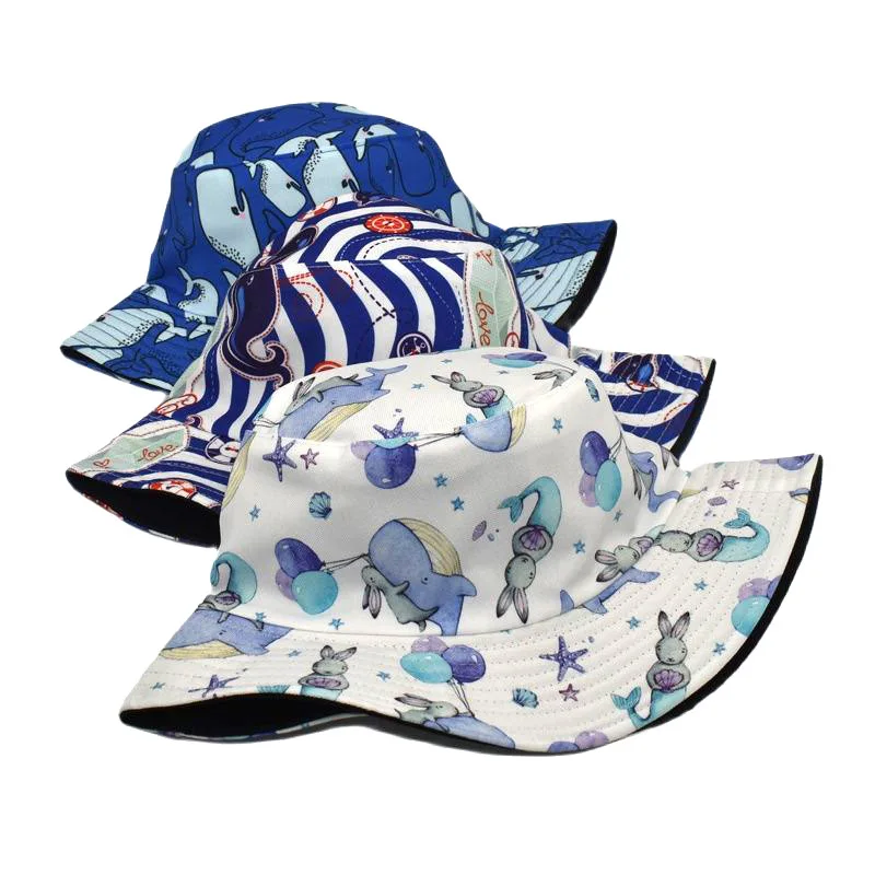 new coming 3 colors available wholesale sea animal printing bucket hats reversible