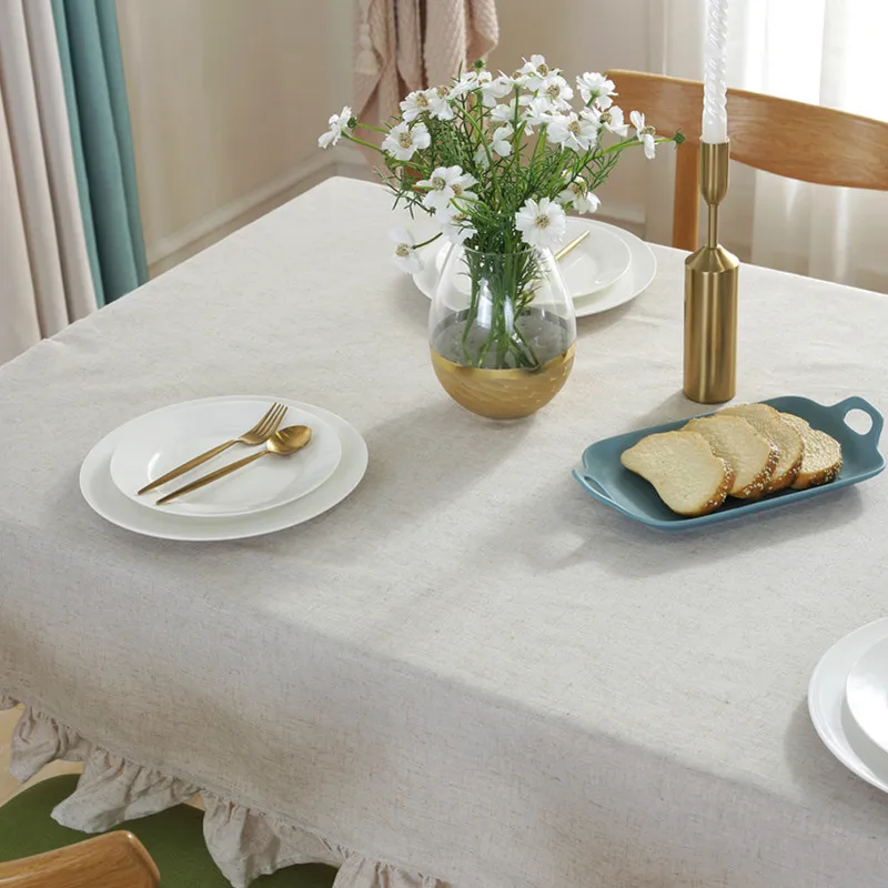 Cotton Linen Tablecloth Flounces Fabric Dust-Proof Table Cover for Kitchen Dinner Picnic Table Cloth