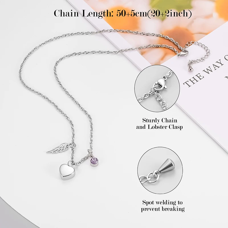 
Birthstone Angel Wing Cremation Jewelry Mini Heart Necklace Pendant 