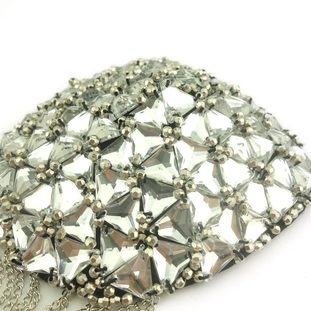 Clear Triangle crystal 3D Handmade beading patches applique pairs with chain fringe for garment shoulder embellishment