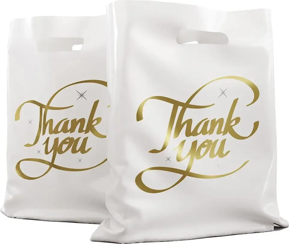 Custom Logo Printed Fold Plastic Pink Thank You Die Cut Handle Carry Shopping Packaging Bags For Boutique Retail Shopping