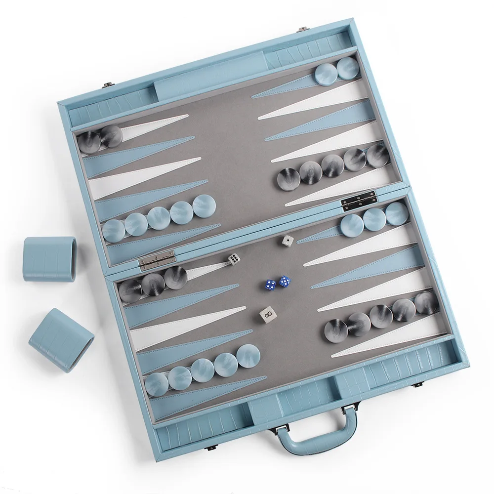 Custom Professional Wholesale Exclusive Baby Blue Genuine Leather Backgammon Set High-End Handcrafted