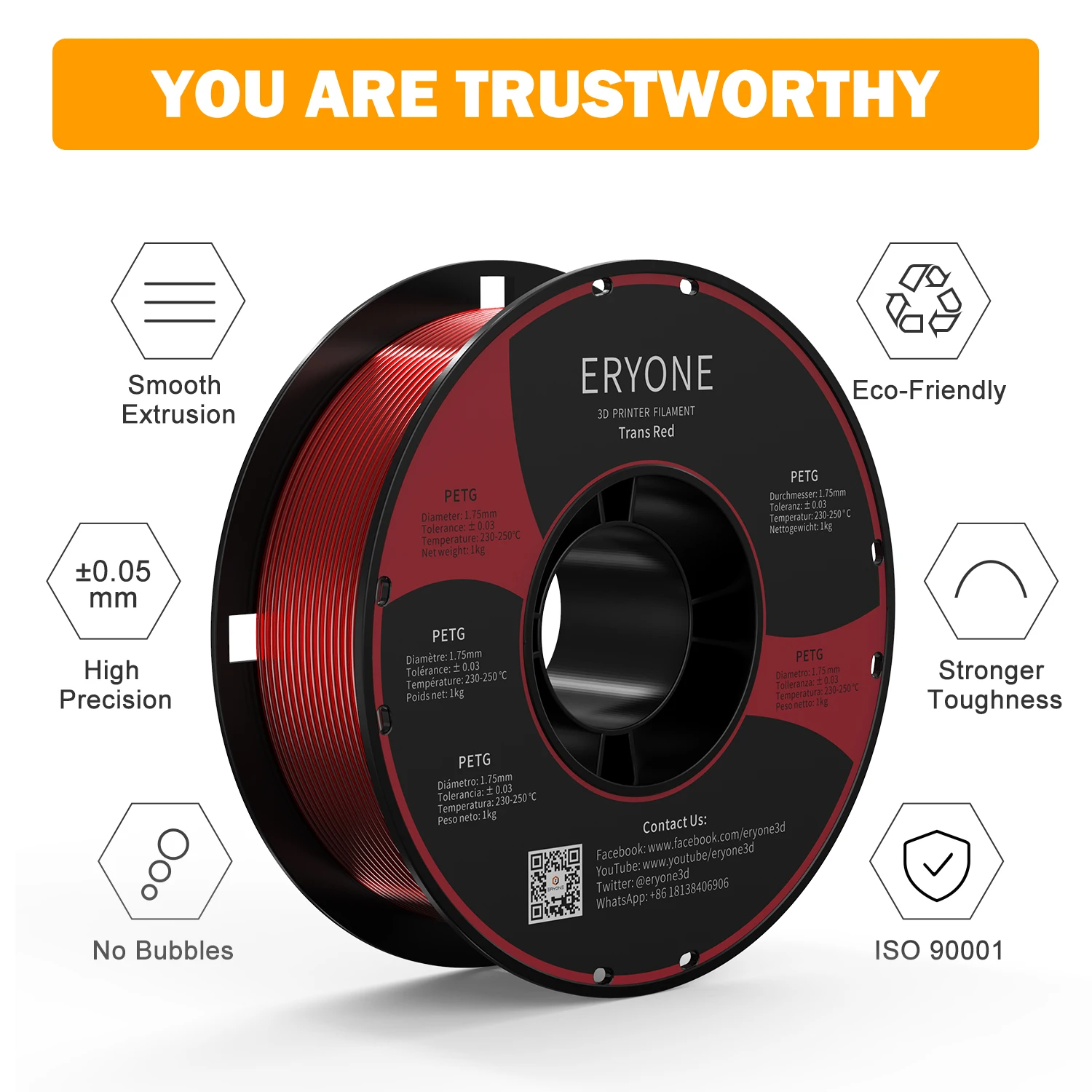 Eryone New Arrival Red PETG Bulk 3D Printing Filament 1KG Spool 1.75mm Premium OEM 3D Printer Raw Material