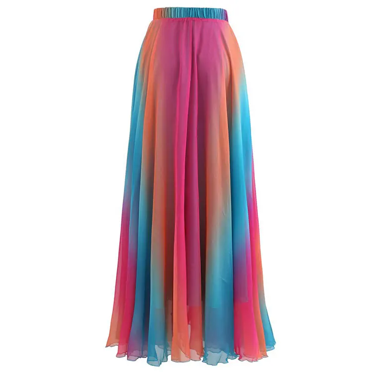 high quality trendy vacation rainbow casual wear colorful beach skirts mujer fashion tie dye chiffon gossamer maxi skirt