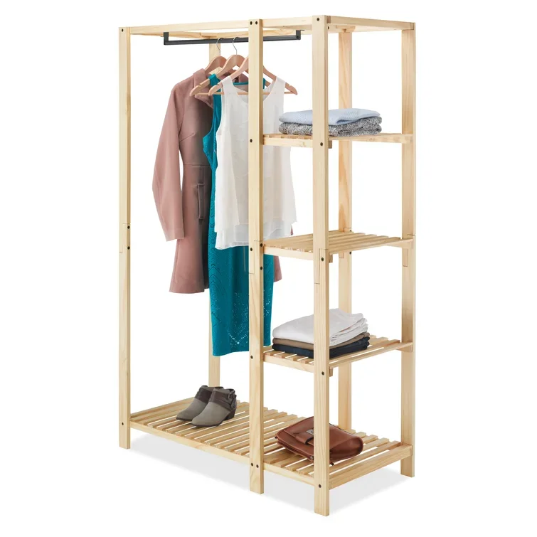 Modern Wooden Open Bedroom Closet Modern Storage Cloth Cabinet Armoire Wardrobe with Partitions, Clothes Rail and shoe rack