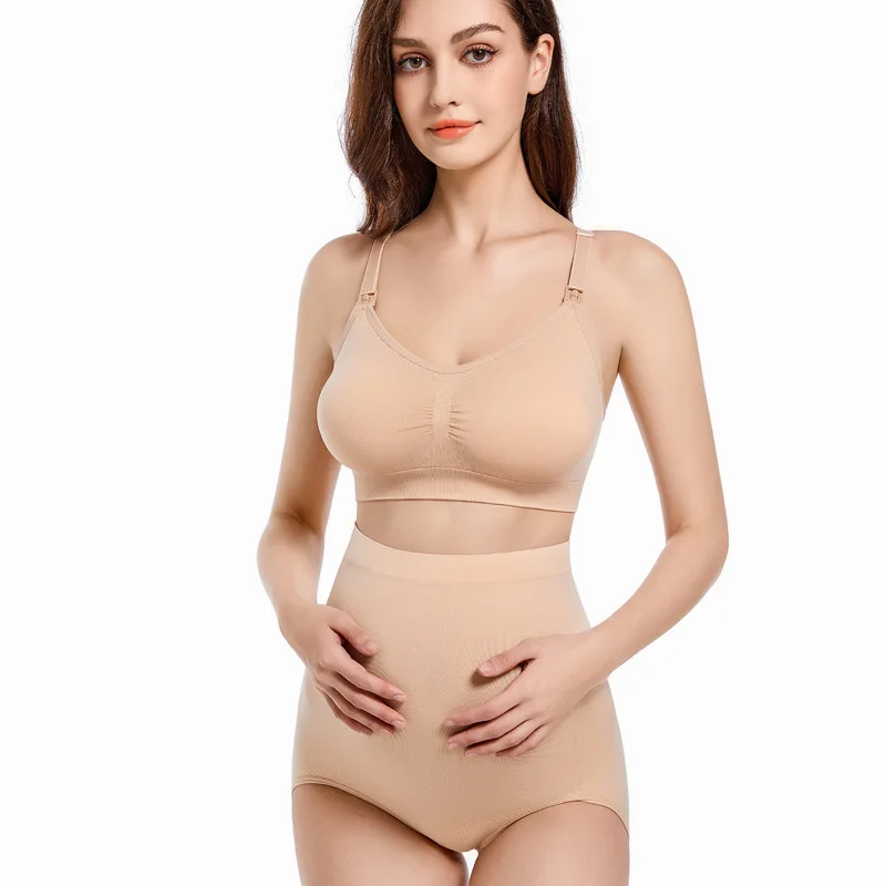 668+855Seamless high waist underwear set lactation bra open button no wire no trace breathable underwear lift hip maternity wear