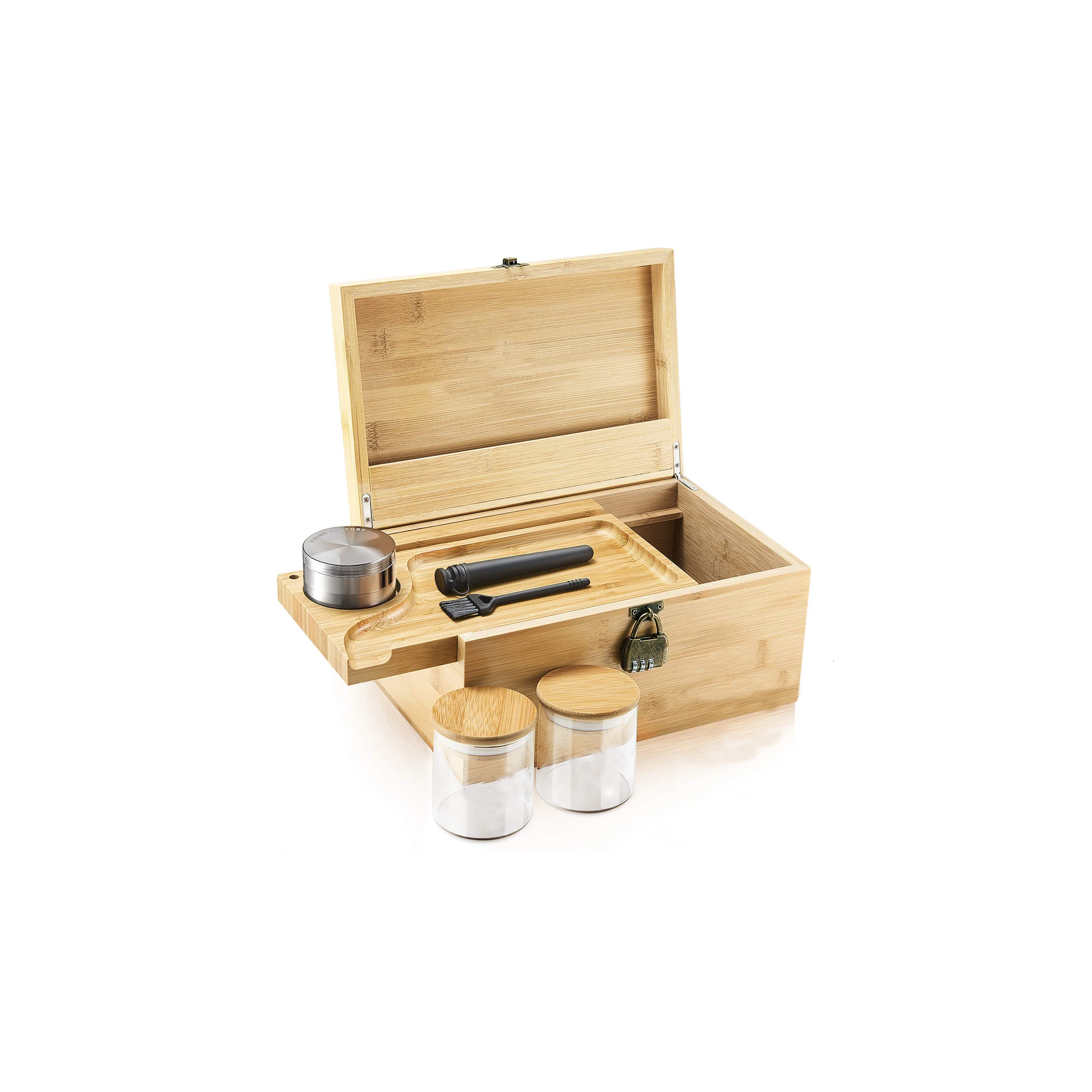 Коробка для хранения из натурального бамбука с подносом, коробка для сигар со стеклянной герметичной емкостью, шлифовальная машина, кодовый замок, щетка для мужской игрушки