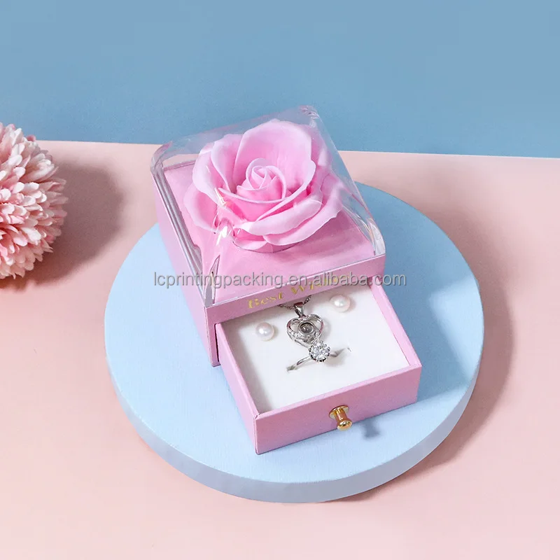 Jewelry packaging sliding out gift paper drawer box rose pressed flower jewelry box for bridesmaid